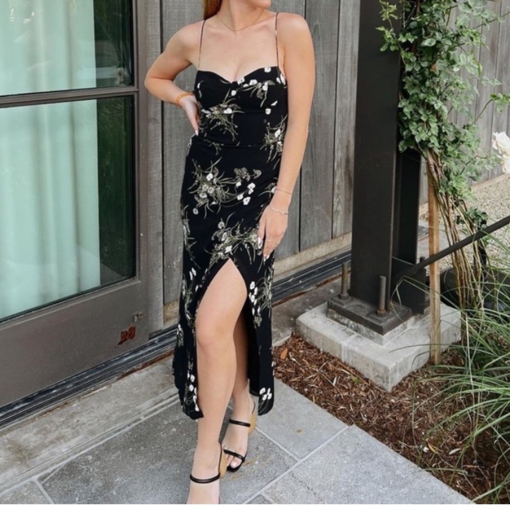 Reformation Silk Midi Dress - Kourtney - black w/ white flowers SOLD OUT